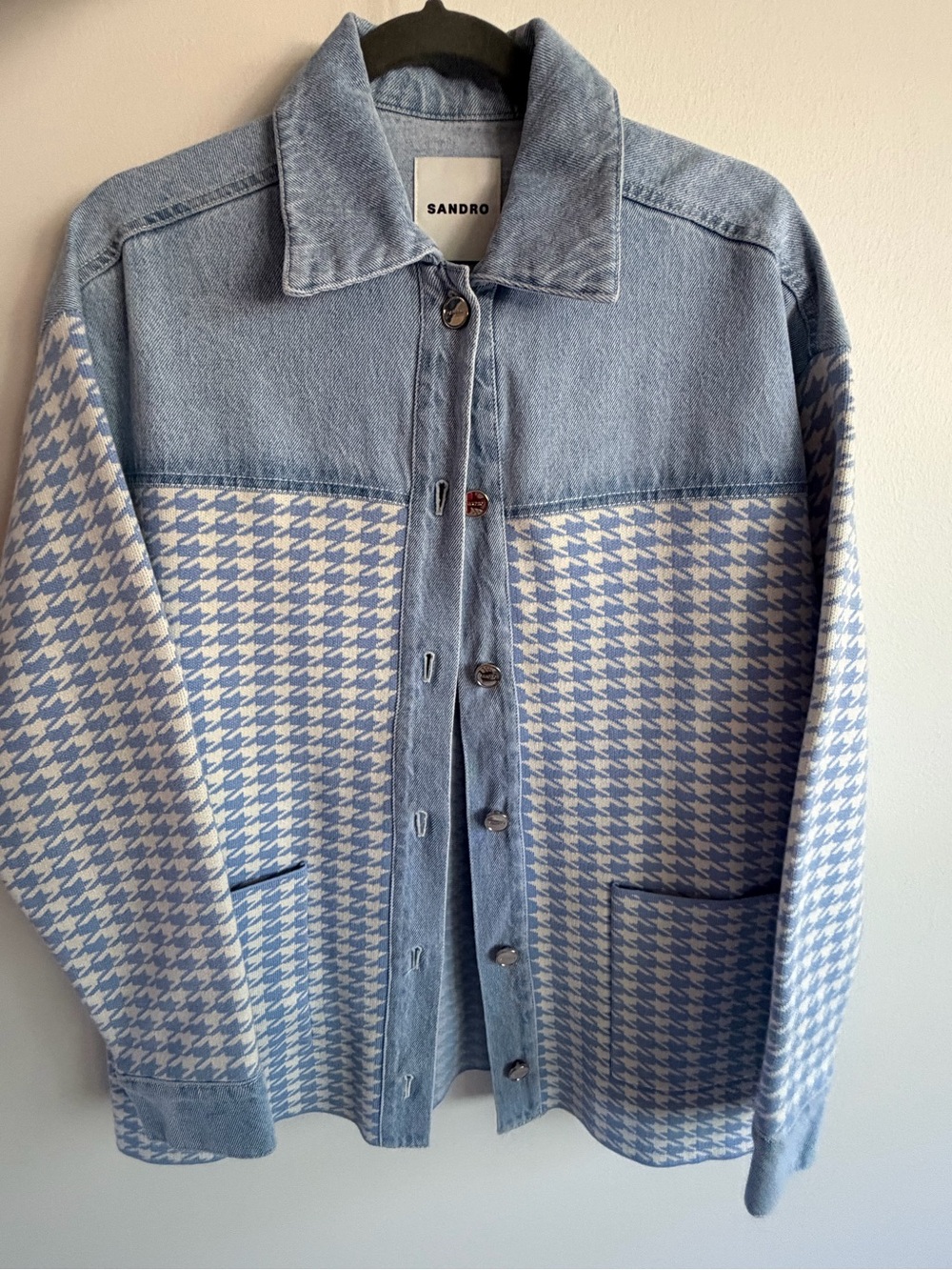 Sandro Light Blue & White Houndstooth Denim Shirt Jacket (fits like US size 6)